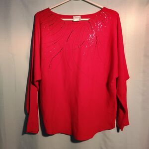 Women’s Red Embellished Dolman Sleeve Top – Rhinestone Detail Knit Blouse